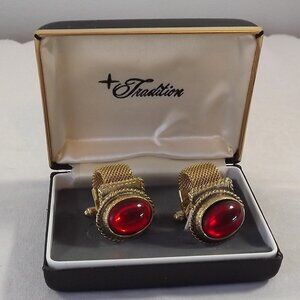 Gold Mesh and Red Cufflinks